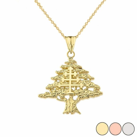 10K Solid Yellow Gold Lebanese Cedar Tree Maronite Cross Pendant Necklace - Picture 1 of 3